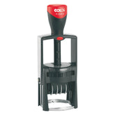 Steel-framed self-inking date stamp.  A high quality product, which has been developed for sturdy use and to meet high demands. Balanced use of different materials: burnished steel guarantees the stability, synthetic materials ensure the smooth action of the sliding parts and allow the machin